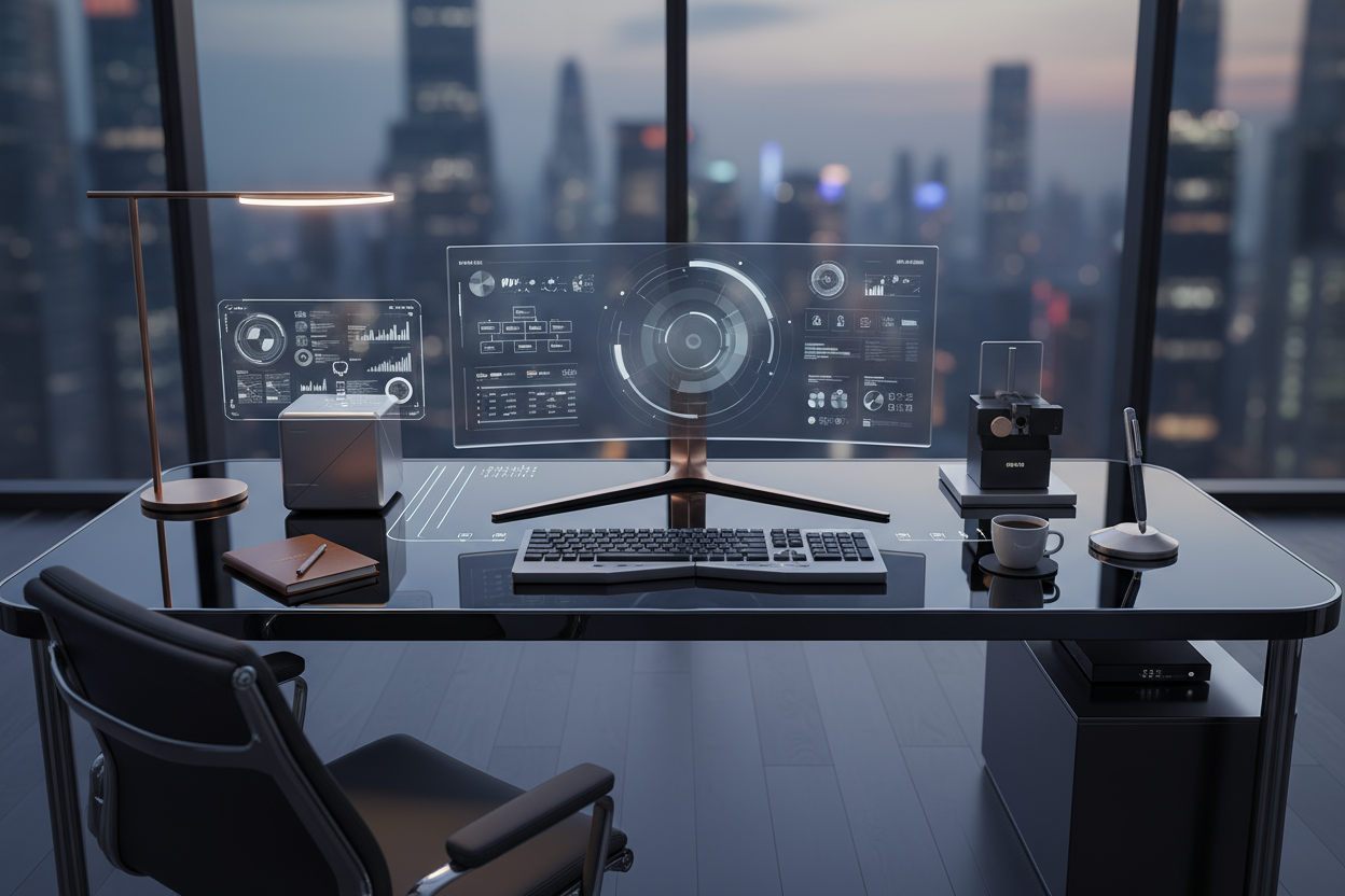 Ultra Pro Max Desktop AI Prompt
“A luxurious, ultra-modern desktop setup showcasing innovative problem-solving products arranged neatly on a sleek desk—smart gadgets, multi-functional tools, and ergonomic accessories in use. Realistic high-definition photo, cinematic soft lighting highlighting textures and reflections, minimalistic and elegant layout, wide-angle hero composition, premium and professional aesthetic, inspiring efficiency, sophistication, and effortless lifestyle. Vibrant yet refined color pal